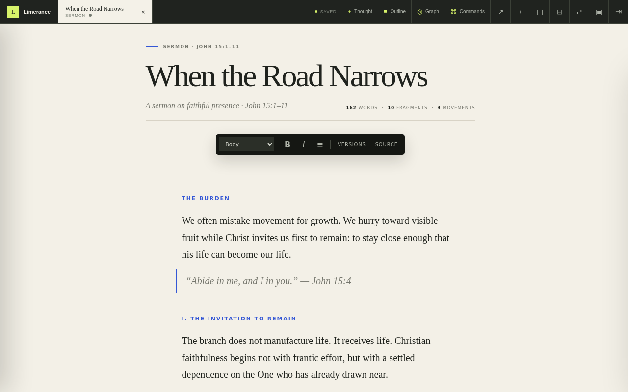 Limerance manuscript editor displaying a structured long-form draft